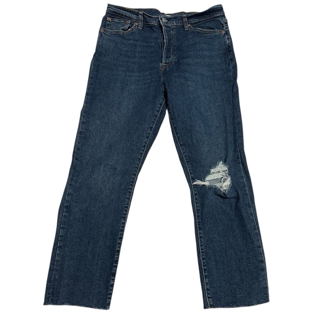 Levis‎ Women's Jeans Wedgie Straight Distressed High Rise Raw Hem 32 Dark Blue